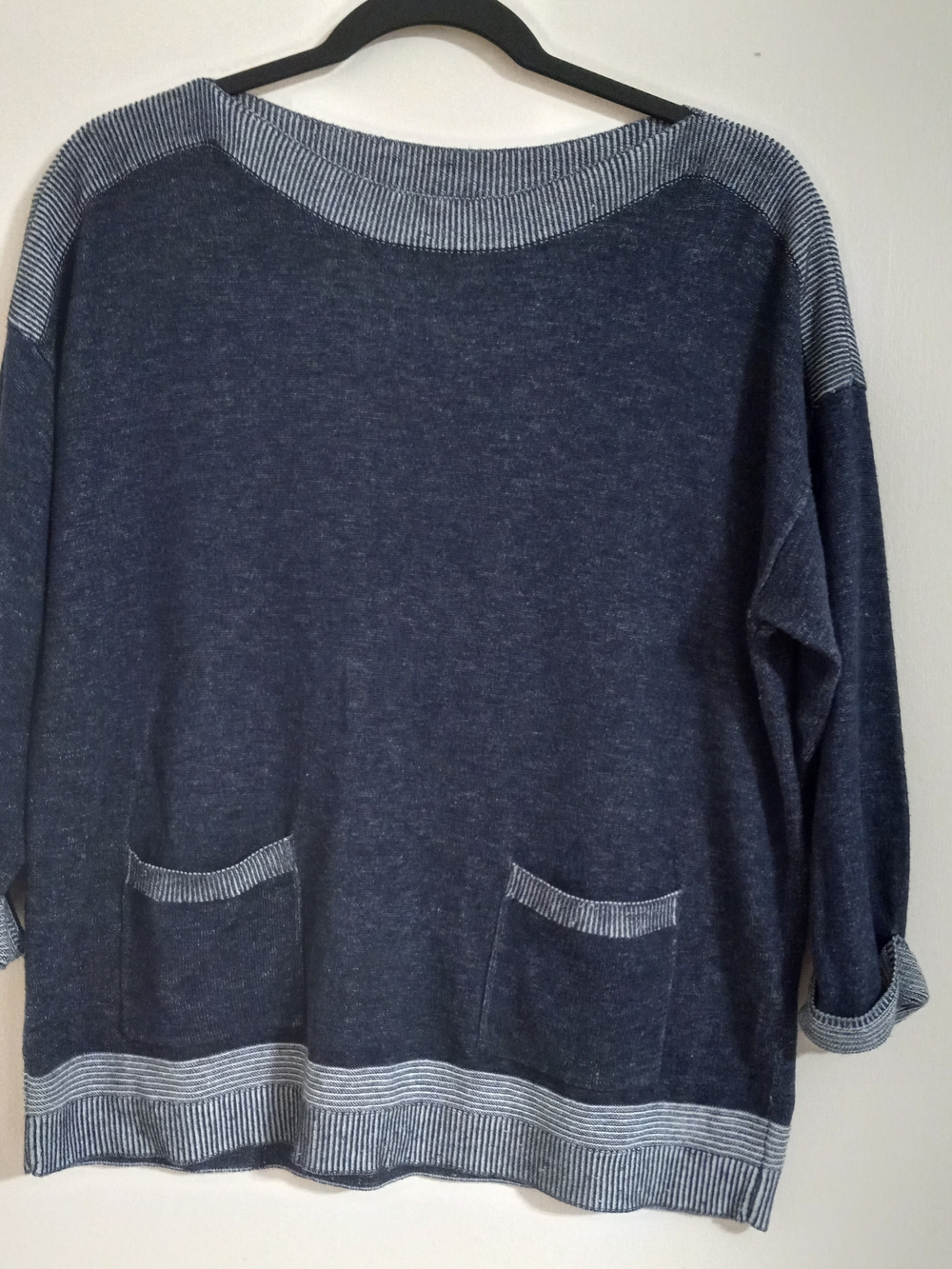 Chico's 2 (Large) Navy Denim Blue Crewneck Sweater with Contrast Trim Nautical